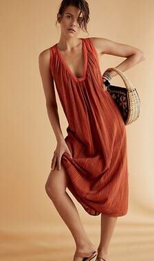 Free People Orange Beckett Midi Dress Linen Blend Medium